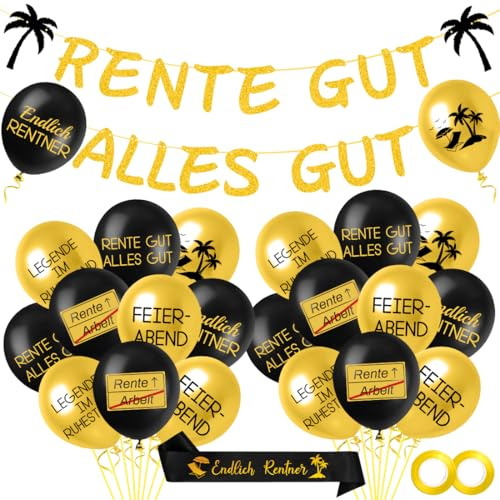 Rente Deko, Ruhestand Luftballons, RENTE GUT ALLES GUT Banner, Rentner Geschenk, Ruhestand Deko Ballons Girlande für Männer Frauen Renteneintritt Pensionierung Party