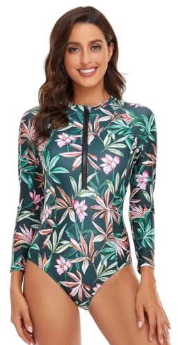 Odizli Swimming Costume Women Long Sleeve Floral Zipper Zip Up One Piece Swimsuit Ladies Muslim Full Body Burkini Modest Swimwear Rash Guard Neoprene Bathing Suits Surf Wet Wetsuit Green Pink M