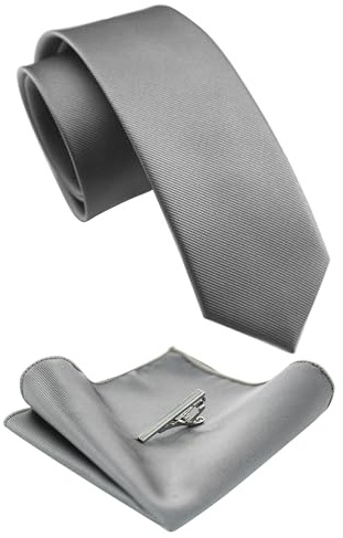 JEMYGINS Schmale Herren Krawatte und Einstecktuch krawattenklammer Set 6cm grau