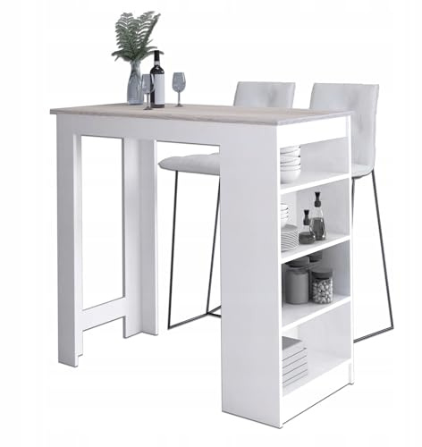 AKORD Küchen-Bartisch 115 cm | | Stehtisch | Modernes Design | Für eine kleine Küche | Für einen offenen Raum | Robust | Seitliche Ablagen | B115 x H103 x T50 cm | 28,65 kg | Weiß/Sonoma Eiche