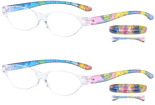 Lanomi Mode Lesebrille Blaulichtfilter Randlos Schmal Oval Blumenmuster Lesehilfe Sehhilfe Kleine Leicht TR90 UV400 Schutz Brille mit Etui