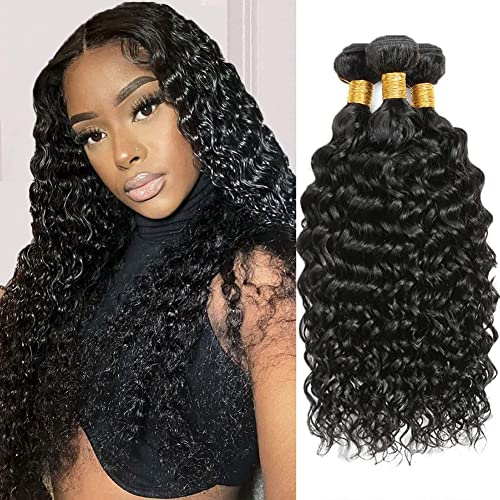 Vallbest Water Wave 3 Bundles Human Hair Water Wave Hair Bundles Wet and Wavy Human Hair 3 Bundles for Black 16 16 16 Inch Brazilian Virgin Water Wave Bundles Natural Black Color Hair Extensions