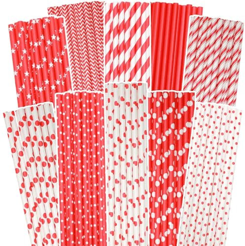 Gcardist Red Paper Straws for Drinking Red Disposable Straws 100pcs Bulk（10 Pattern）