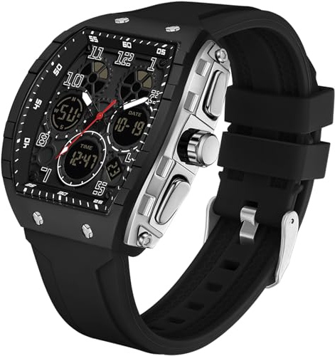 Rechteckige Herrenuhr Weiß Herren Uhren Digital Analog Uhr Chronograph | Cooles Design Kreative Quarz Armbanduhr mit Doppelzeit Timer Stoppuhr 5ATM Wasserdicht Sportuhr