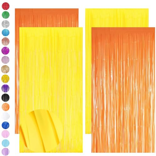 Orange Yellow Tinsel Curtain Party Backdrop Glitter,4P Foil Curtain Thanksgiving Party,Orange Foil Fringe Streamers Metallic Door Hanging Yellow Foil Flow Silk Background for Autumn Party Tinsel