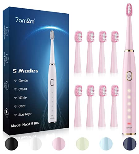 7AM2M Sonic Electric Toothbrush for Adults and Kids- High Power Rechargeable Toothbrushes with 8 Brush Heads,5 Adjustable Modes, Built-in 2-Minute Smart Timer,4 Hours Fast Charge for 75 Days(Pink)