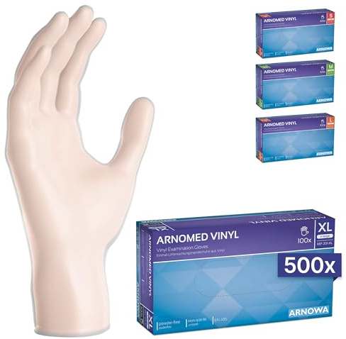 500x ARNOMED® Guantes vinilo talla XL, Guantes desechables quirúrgicos y de laboratorio, Luvas vinilo descartáveis sin polvo y látex, Manoplas vinilo en S, M, L, XL