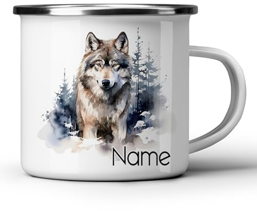 GRAZDesign Emaille Becher 300ml Wolf Design Personalisierbar Tasse Outdoor Camping