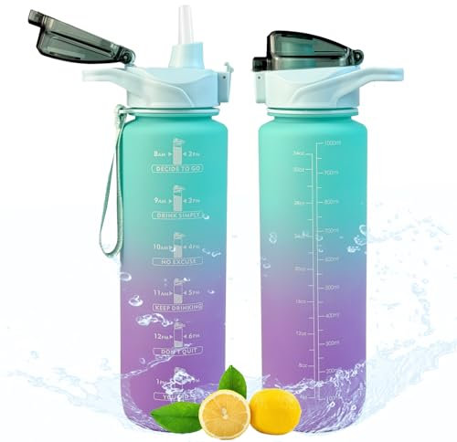 ZZYJRCX Borraccia 1 Litro, Borraccia Motivazionale Senza BPA, Borraccia Sportiva con Cannuccia e Orari per Bere, Borracce di Perdite per Ufficio, Bici, Campeggio, Scuola, Yoga, Palestra (Verde Viola)