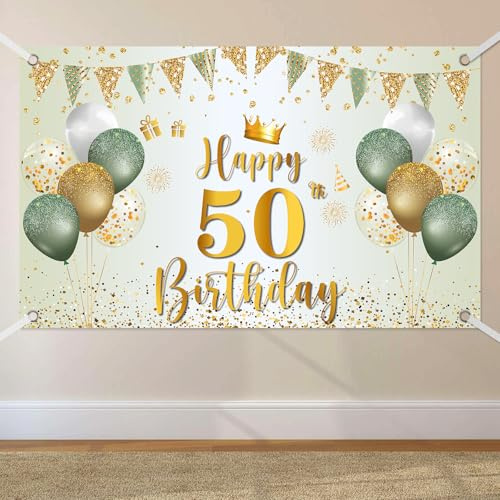 50. Geburtstag Banner, Banner 50 Geburtstag Frau Grün Gold, Extra Große 50 Hintergrund Banners, Geburtstagsbanner 50. für Frauen Männer Party Geburtstagsdeko