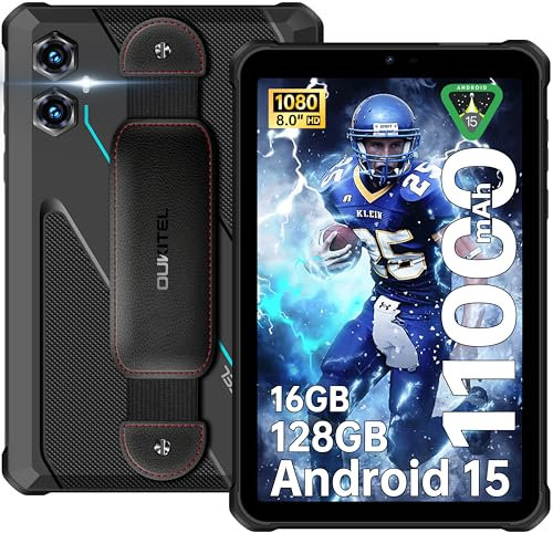 OUKITEL RT3 Plus Rugged Tablet Android 15-8 HD 128GB +16GB(TF 1TB), 11000mAh 18W Charger, 16MP+8MP Camera Tough Tablet with Wrist Strap, 5G-WiFi/OTG/GPS/NFC/Blue
