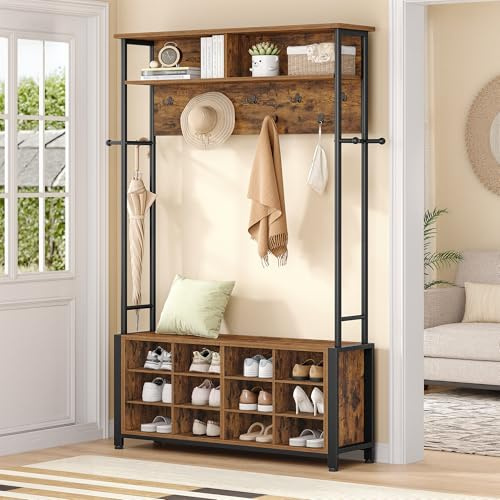 Hzuaneri Coat Rack with Shoe Storage, Hall Tree with Bench for Hallway, 14 Open Compartments, Coat Stand with Adjustable Shelves, 13 Hooks, Top Storage for Living Room, Entrence, Rustic Brown HT17901B