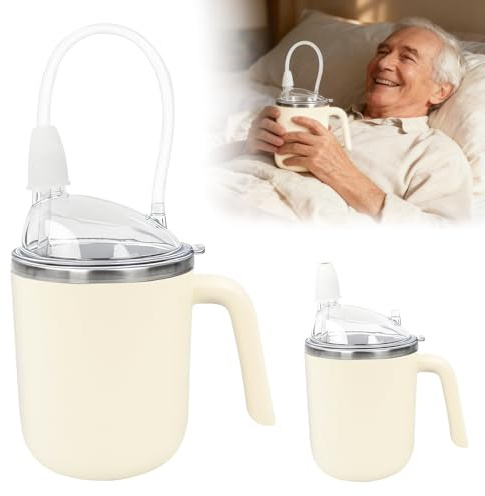 Adult Sippy Cup for Elderly,450 ml Cup with Handle,Lid and Straw,Beige