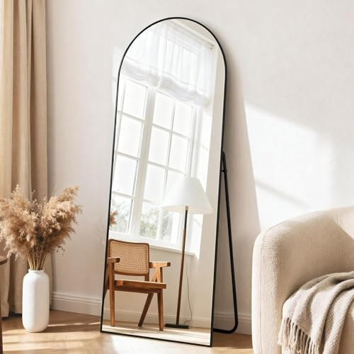 Vortisys 165 x 60 cm Espejo de Cuerpo Entero, Cristal Templado, Espejo Arqueado con Soporte, Marco de Aleación de Aluminio, para Dormitorio, Salón, Vestuario
