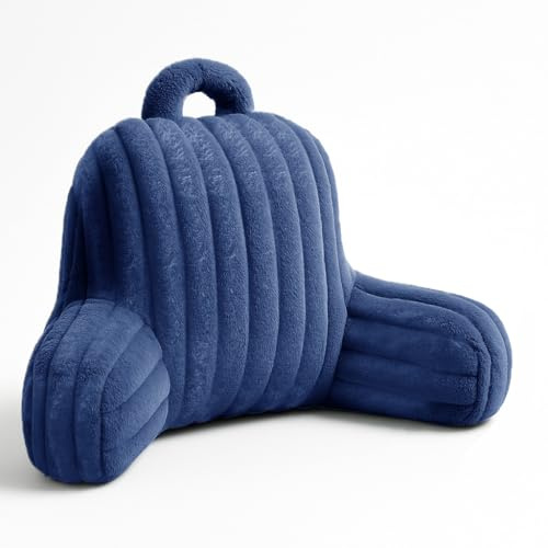 Velosso Ribbed Faux Fur Reading Pillow for Bed Adult, Soft Cuddle Cushion with Arms, Back Support Cushion for Reading, Relaxing, Gaming & Working (Navy)
