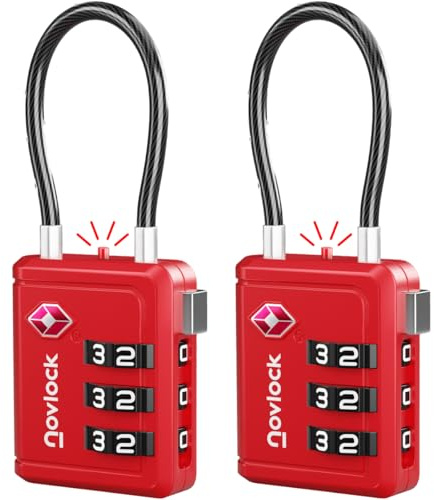 TSA Bagagelås med Alertindikator – Kombinationslås med Flexibelt Kabellås – För Resväskor, Kabinväska, Ryggsäckar, Bagage och Skåp – 2-pack röd