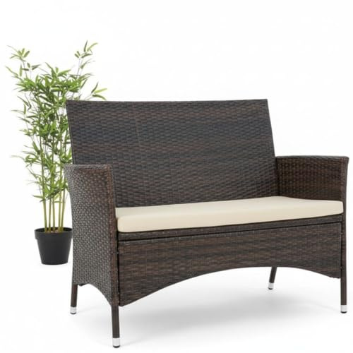 Mucola Polyrattan Gartenbank 108x51x89 cm 2-Sitzer inkl. Sitzkissen | Rattan Sitzbank Gartensofa wetterfest Balkonbank UV-beständig | Parkbank Outdoor Bank waschbare Bezüge Flechtoptik Braun/Creme