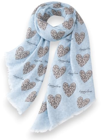 Damen Schal mit Herz & Leo Print – Leichtes Viskose Tuch 180x70 cm, Fransen, Sommer Schal Damen, Halstuch & Stola für Frühling (Blau)