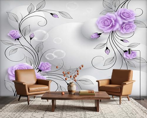 PaxGloz 3D Effect Lilac Rose Wall Mural, Modern Elegant Floral Wallpaper for Living Room & Bedroom, Non-Woven Decorative Wall Art 200x140 cm