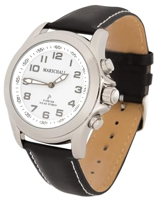 Marschall Deutsch sprechende Herren Funk-Armbanduhr I Mit Solarpanel I 1146wl I Für Blinde, Senioren und Demenzkranke I Datum- und Zeitansage I Schwarzes Lederarmband
