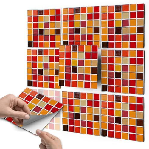 Mosaik Fliesen-Aufkleber I Selbstklebende Sticker-Fliesen für Küche u. Bad I Fliesenmotive für Küchenrückwand - Wandgestaltung mit Kachel-Motiv Folie I 20x20 cm - Muster Mosaik Rot-Orange - 9 Stück