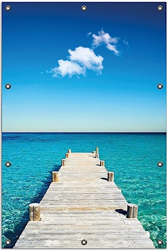 Wallario Outdoor-Poster für Garten oder Balkon Steg am tropischen Meer, Motivbanner Größe: ca. 80 x 120 cm, Outdoor-Bild