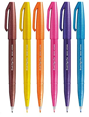 Pentel Faserschreiber mit Flexibler Pinsel-ähnlicher Spitze Zusatzfarben Set - Gelb, Violett, Hellblau, Pink und Orange