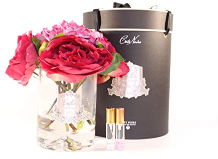 Cote Noire Bouquet de pivoines écarlate et hortensia dans un vase en verre transparent