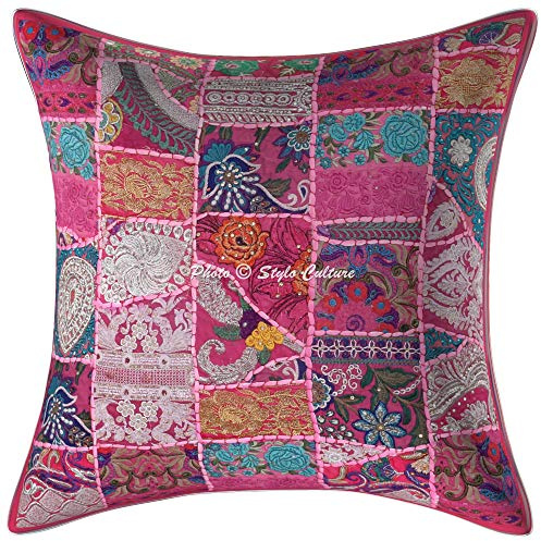 Stylo Culture Bohemio Fundas para Almohadones Decorativos 60x60 cm Algodón Abstracto Fundas Cojines Cama Rosa 24x24 Inch Patchwork Vintage Cuadrado sobre Fundas De Cojines De Sofa - 1 Pc