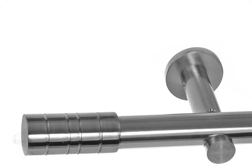 BASIT Gardinenstange Edelstahllook 20mm 1-läufig Wand 200cm lang H31 | Gardinenstangenset einläufig Wandmontage Metall Vorhangstange Wandhalterung 120-600cm wählbar Kappe Zylinder E34