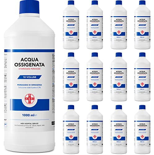 AIESI® Agua Oxigenada desinfectante Ph.Eur. 3% 10 volúmenes con tapa de seguridad para niños botella de 1 litro (Paquete de 12 piezas), Made in Italy