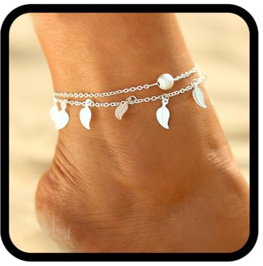 Handcess Boho-Fußkettchen mit Blättern, Quasten, Fußkettchen, geschichtete Perlen, Fußketten für Frauen und Mädchen (Silber)