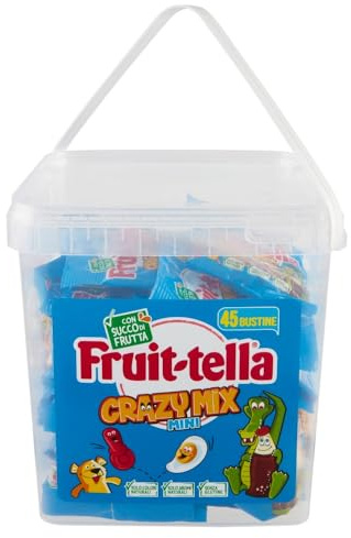 Fruittella Crazy Mix Jar Caramelle Gommose Gusti Assortiti con Succo di Frutta, Aromi Naturali, Senza Glutine, Idea Regalo per Feste e Compleanni Bambini, Secchiello da 45 Mini Bustine, 25 gr Ciascuna