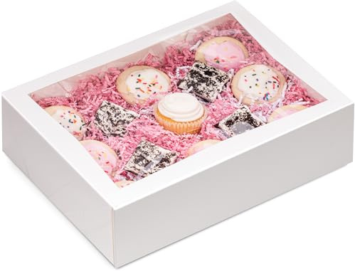 Fit Meal Prep 18 Pack 14 x 10 x 4 Inches White Bakery Boxes with Window, Auto-Popup Cardboard Gift Packaging and Baking Containers, Cupcake, Cookie and Loaf Bread Boxes