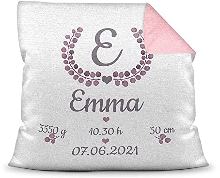 Kissen mit Füllung - mit Geburtsdaten personalisieren - Babygeschenk für Mädchen, Geschenk zur Geburt oder Taufe, Geburtskissen, Namenskissen fürs Baby I Farbkissen Rückseite Rosa, 40x40 cm