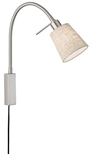 Fischer & Honsel | Wandspot flex, Bettleuchte, Wolke | nickel matt| Stoffschirm| sandfarben Leinen/weiß| B: 11,00 cm, H: 40,00 cm,| Ausladung: 35,00 cm| Schnurschalter| 1x E14 max. 10 Watt | 30321