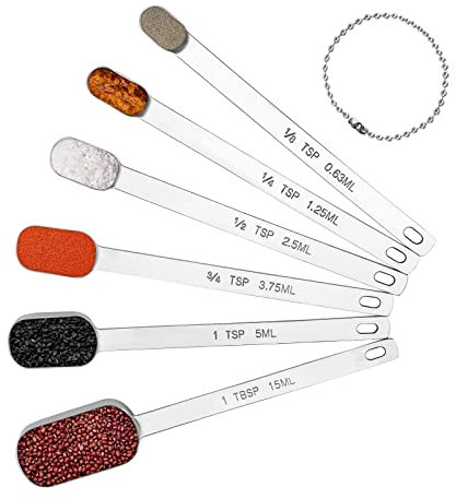 BERYLER Long Handle Measuring Spoons Set of 6, Stainless Steel Measure Teaspoons, Metal Rectangular Bowl Tablespoon
