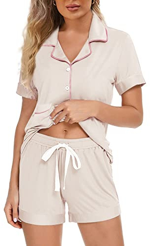 Y WJing Yi Jia Pyjamas For Women Set Short Ladies 2Pcs Pj Sets Button-Down Pyjama Sleepwear Plain Short Sleeve Shirt With Shorts Bridesmaid Bride Jersey Pajamas Bridal Pj Set For Womens