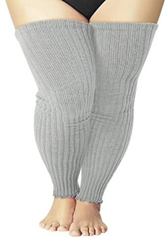 COZYOFFI Women's Plus Size Leg Warmers Knit Over Knee High Footless Socks for Thick Thighs(C04-Light Grey)