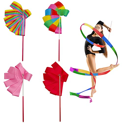 Ceqiny Tanzbänder Set, 4 Stücke Schwungband, 2m Gymnastikband mit Stab,Turnband Regenbogen Band Wirbelband mit Stab,Rhythmische Streamer Schwungband Wirbelndes Training für Kinder Tanzen Gym