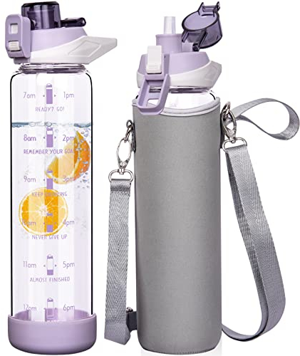 Seekua 1l Sport Trinkflasche Glas Flasche mit Strohhalm & Zeitmarkierung auslaufsicher bpa frei 1 liter Wasserflasche Motivation mit Schutzhülle für Smoothie, Früchte Kohlensäure geeignet