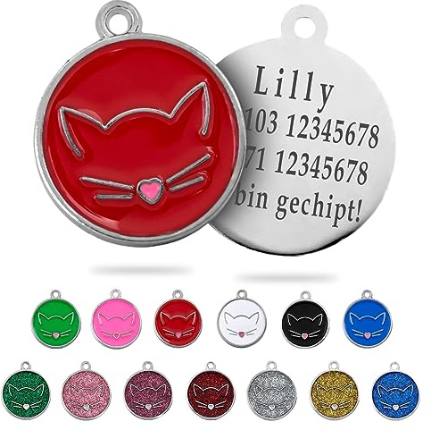 Ibera gifts - Runder Anhänger Katze mit Katzengesicht, personalisierter Adressanhänger für mittelgroße bis große Katzen, legiertes Metall, 25 x 25 mm, 4 Gravurzeilen auf der Rückseite (Rot)