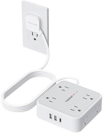 TESSAN Surge Protector Power Strip, 10 Ft Flat Plug Extension Cord with 3 USB (1 USB C) 8 Outlets, 1250W, 900J Protection, 3 Sided Outlet Extender with Power Switch for Office, Dorm Room, Grey