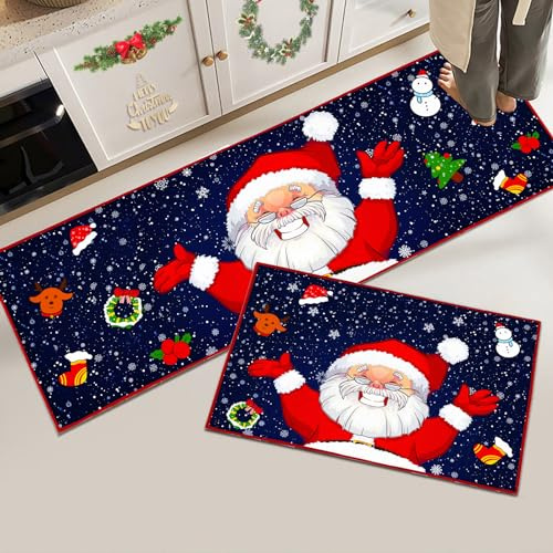 Hoimlm Weihnachts Küchenteppiche rutschfest Waschbarer, Flur Wohnzimmer Boden Badezimmer Küchen Teppich, Weihnachtsdekor, 40 x 120 cm+40 x 60 cm (Weihnachts G)