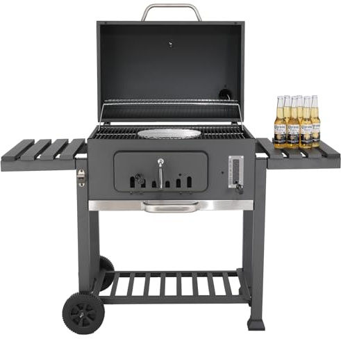 Holzkohlegrill xxl, Grillwagen mit 2PCS Räder, holzkohlegrill mit deckel, BBQ Grill, Standgrill, Smoker, Große Kapazität grillwagen, 152x136x60cm, Grau