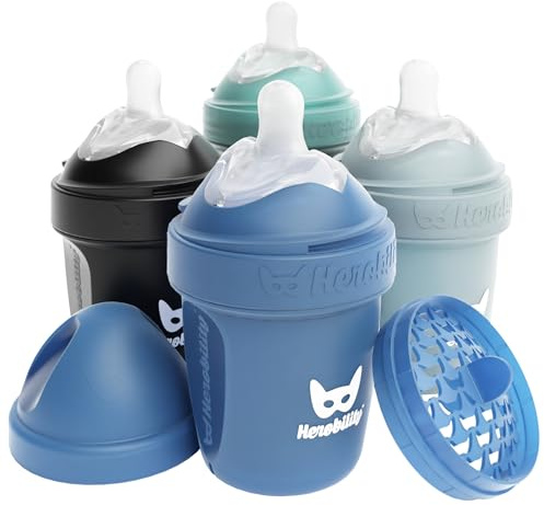Herobility Double Anti-Colic Baby Bottles – 5 fl oz/140ml – 4-Pack – Multicolor – Denim, Black, Dusky Green, Gray