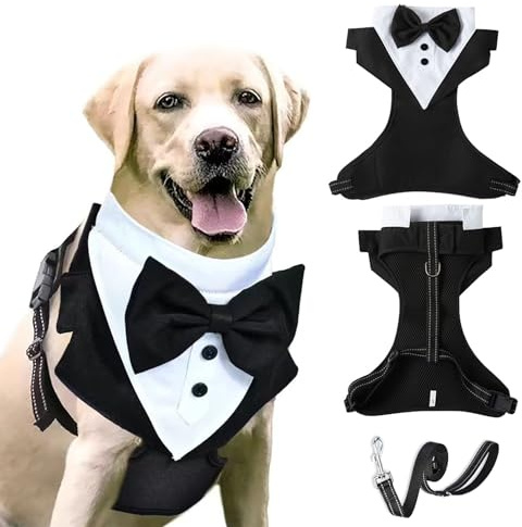 Dog Tuxedo Harness with Leash Set,Pet Wedding Chest Strap Formal Vest with Bow,Adjustable Pet Tailcoat Vest Harness for Puppy Small Medium Dog_L(Black)