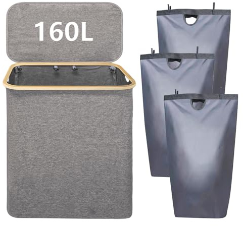 Gabrella Washing Baskets 160L Laundry Basket with Lid, Large Laundry Basket 3 Section Laundry Hamper with Bamboo Handles and Labels Dirty Washing Bin with Removable Bags for Bedroom Bathroom, Dorm