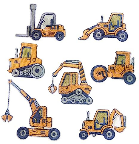 Lurrose 7 Stück Aufbügel Flicken Bagger Motiv Cartoon Aufnäher für Kinder Kleidung Rucksäcke Hüte Weinrot Baumwolle Engineering Patch