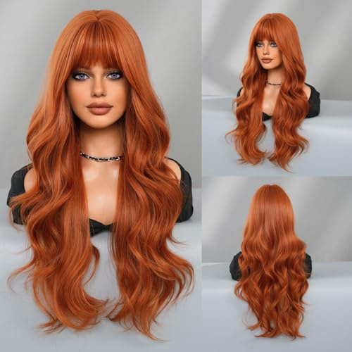 KAMIMASU Lång lockig röd brun peruk med luft bangs auburn hår koppar röd syntetisk peruk ingen spets värmebeständig fiber ingefära orange peruker 60 cm